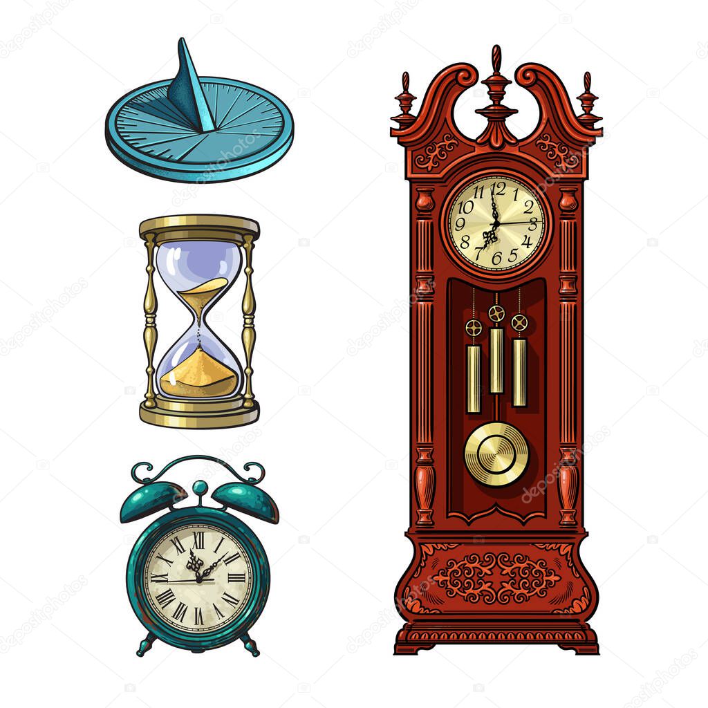 Un juego de relojes viejos. Reloj de arena Reloj despertador Reloj despertador Reloj pendulo abuelo antiguo. Ilustracion vectorial Vector de stock por UncleLeo 376469736