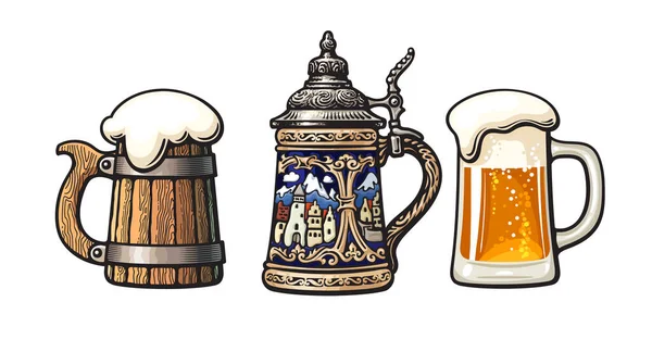 Vintage bunten Satz von Bierkrügen. Alter Holzbecher vorhanden. Traditionell deutsch. Glasbecher mit Schaum vorhanden. Vektorillustration. — Stockvektor