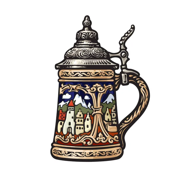 Taza alemana de cerveza stein con decoraciones en forma de ciudad medieval antigua. Ilustración vectorial . — Archivo Imágenes Vectoriales