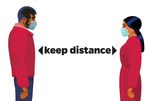 Mantener concepto de distancia. Joven hombre y mujer con máscaras médicas de pie a una distancia segura para evitar la propagación del virus corona. Ilustración vectorial . — Vector de stock