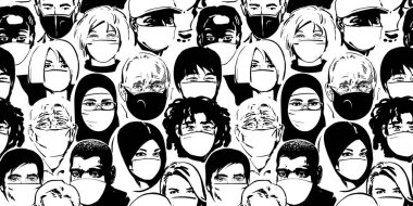 Tıbbi maske takan insanlar. Coronavirus karantina konsepti. Hava kirliliği koruması. Vektör çizimi. Kusursuz desen.