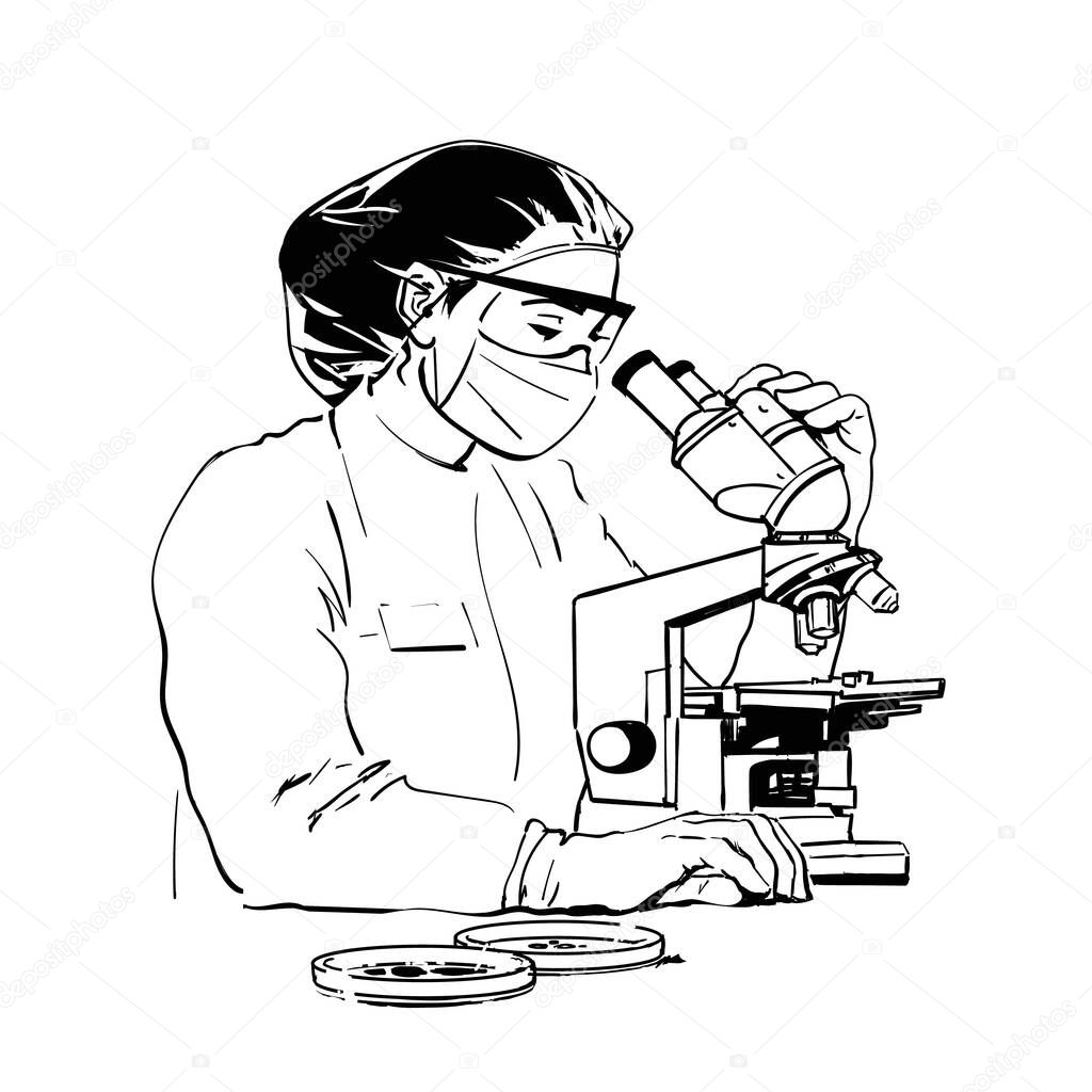 Woman scientist in potective glasses and medical mask looking through microscope. Sketch style vector.