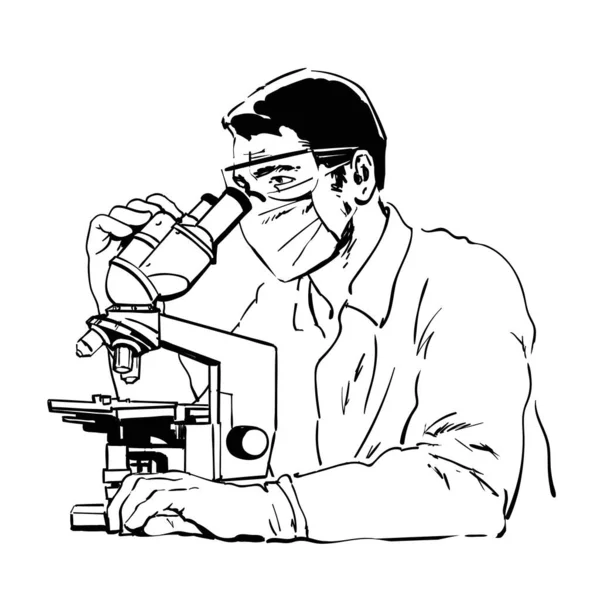 戴防护眼镜和面罩的医生透过显微镜看.矢量说明. — 图库矢量图片