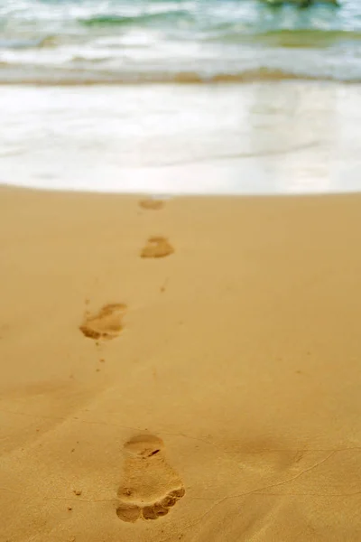 Ayak okyanus kum th için üzerinde bir adamın çıplak ayak izleri — Stok fotoğraf