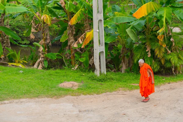 オレンジ服の古い男性僧侶が道を歩いてください — ストック写真
