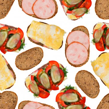 Seamless modeli. Ekmek, jambon, peynir, salatalık, domates, dereotu ve kızarmış yumurta, bir sandviç.