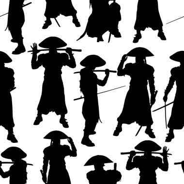 Seamless pattern. Black silhouette of a pirate in a hat and with clipart
