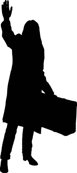 Silhouette nera ragazza con una valigia su uno sfondo bianco . — Vettoriale Stock