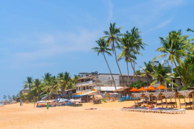 Mirissa, Sri Lanka, Asya 'daki kumlu plajda otel ve güneşlik.
