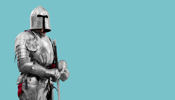 Knight in shiny metal armor. Reliable security and insurance. Co