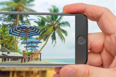 Okyanusta palmiye ağaçları ve çadırlar. Fotoğraf akıllı telefon. Akıllı telefon. 