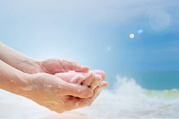 Antibakterielle Seife Den Händen Händedesinfektion Mit Seife Sauberkeit Und Hygiene — Stockfoto