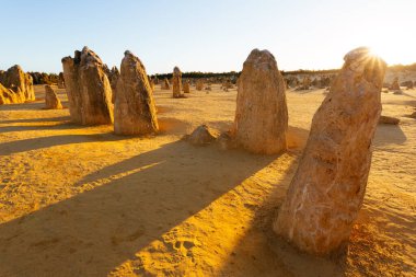 Günbatımında Zirve Çölü, Nambung Ulusal Parkı 'nda kireçtaşı oluşumları, Cervantes, Batı Avustralya