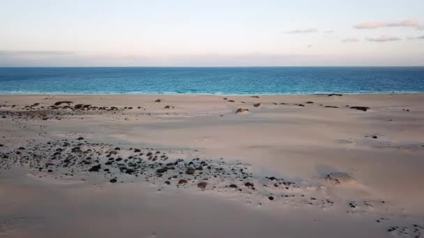 Vliegen boven Corralejo zandduinen naar de oceaan, Fuerteventura, Canarische Eilanden — Stockvideo