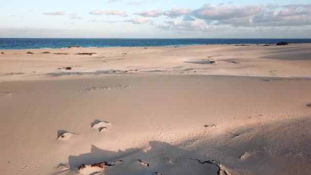 Полет над песчаными дюнами Корралехо к океану, Фуэртевентура, Канарские острова — стоковое видео