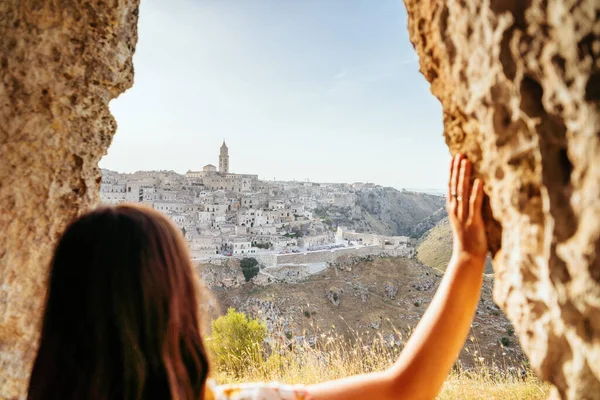 Puesta Sol Desde Una Cueva Gruta Murgia Belvedere Matera Basilicata — Foto de Stock