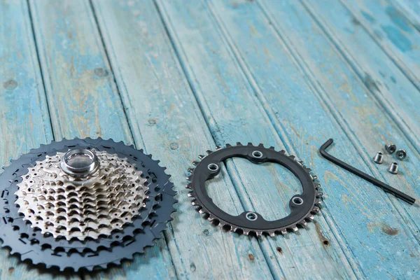 Bicycle parts on the table, beautiful bicycle texture