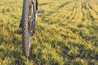 Arkadaki dağ bisikleti koruyucu bir bisiklet yakın çekim