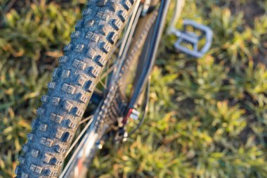 Arkadaki dağ bisikleti koruyucu bir bisiklet yakın çekim