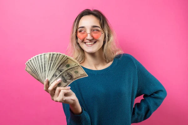 Nahaufnahme Einer Jungen Schönen Frau Blauem Pullover Mit Brille Und — Stockfoto