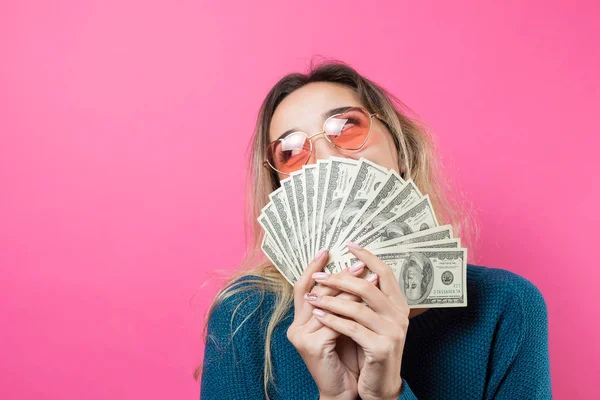 Closeup Young Beautiful Woman Blue Sweater Glasses American Dollars Money — Stock Photo, Image