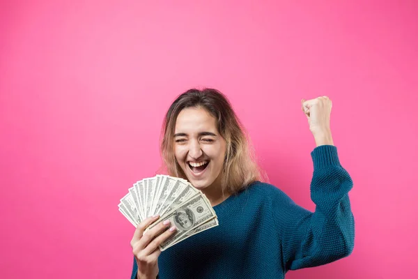 Primer Plano Joven Hermosa Mujer Suéter Azul Gafas Con Dólares — Foto de Stock