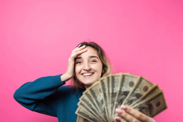 Primer Plano Joven Hermosa Mujer Suéter Azul Gafas Con Dólares — Foto de Stock