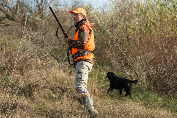 Hombre Con Arma Sus Manos Chaleco Naranja Una Cacería Faisanes — Foto de Stock