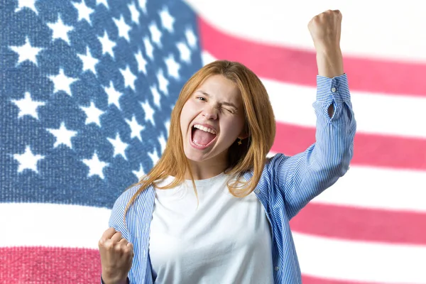 Portrait Young Lady Background Usa Flag Concept Patriotism Emotional Girl — Stock Photo, Image