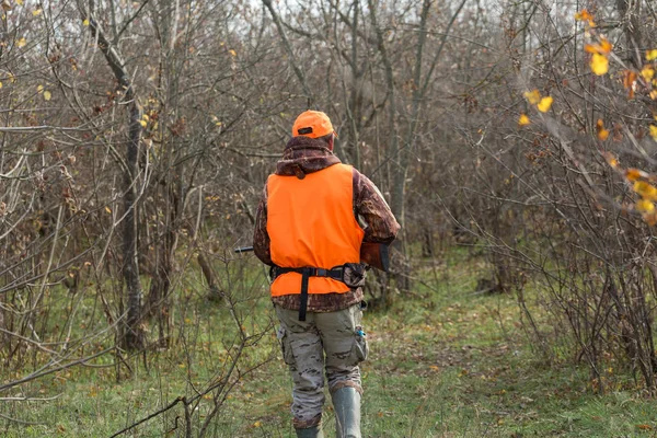 Man Med Pistol Händerna Och Orange Väst Fasanjakt Ett Skogsområde — Stockfoto