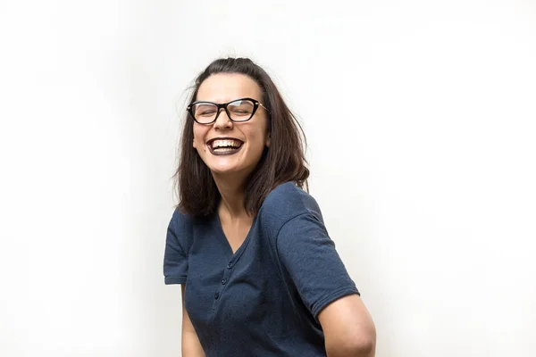 Romantic Girl Trendy Glasses Posing Shy Smile Studio Close Portrait — Stock Photo, Image