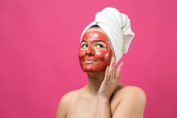 Beauty Portrait Woman White Towel Head Gold Nourishing Mask Face — Stock Photo, Image