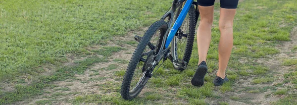 Cropped Woman Bicycle Meadow —  Fotos de Stock