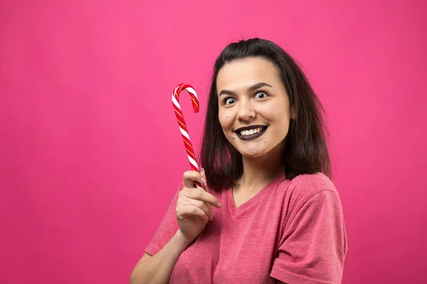 Porträtt Härlig Söt Vacker Glad Kvinna Med Rakt Brunt Hår — Stockfoto