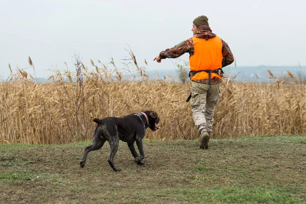 Muž Pistolí Rukou Oranžovou Vestou Lovu Bažantů Zalesněné Oblasti Zataženého — Stock fotografie