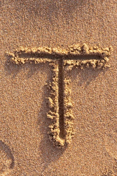 Letras Del Alfabeto Escritas Mano Arena Playa — Foto de Stock