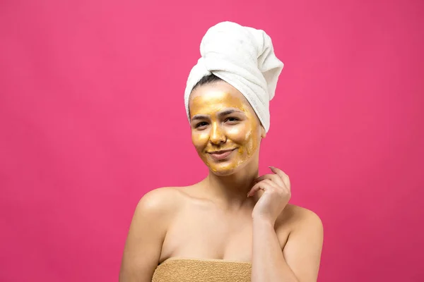 Beauty Portrait Woman White Towel Head Gold Nourishing Mask Face — Stock Photo, Image