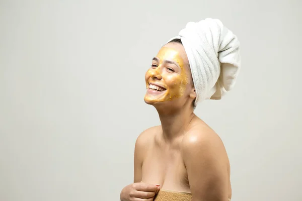 Beauty Portrait Woman White Towel Head Gold Nourishing Mask Face — Stock Photo, Image