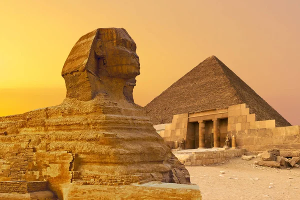 Sphinx Vor Dem Hintergrund Der Großen Ägyptischen Pyramiden Afrika Hochebene — Stockfoto