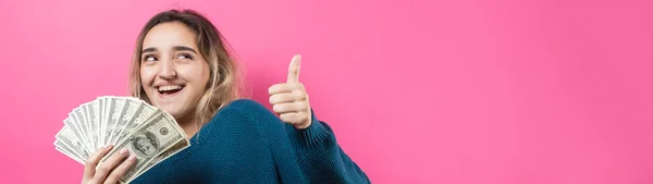 Closeup Young Beautiful Woman Blue Sweater Glasses American Dollars Money — Stock Photo, Image