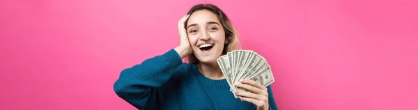 Primer Plano Joven Hermosa Mujer Suéter Azul Gafas Con Dólares —  Fotos de Stock