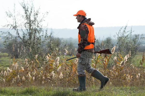 Hombre Con Arma Sus Manos Chaleco Naranja Una Cacería Faisanes —  Fotos de Stock