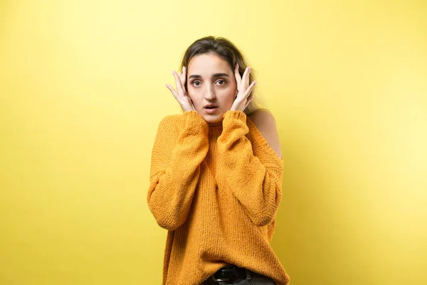 Young Beautiful Woman Long Hair Yellow Sweater Scarf Light Background — Stock Photo, Image