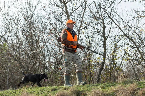 Man Gun His Hands Orange Vest Pheasant Hunt Wooded Area — Stock Photo, Image