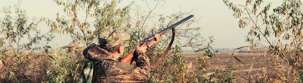 A man with a gun in his hands and an green vest on a pheasant hunt in a wooded area in cloudy weather. Hunter with dogs in search of game.