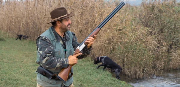 A man with a gun in his hands and an green vest on a pheasant hunt in a wooded area in cloudy weather. Hunter with dogs in search of game.