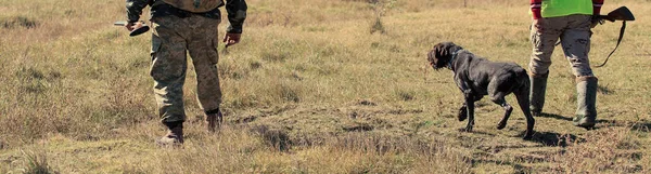 Muž Pistolí Rukou Maskovací Vestou Honu Bažantem Zalesněné Oblasti Zataženého — Stock fotografie