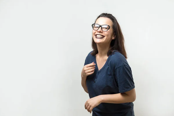Romantic Girl Trendy Glasses Posing Shy Smile Studio Close Portrait — Stock Photo, Image