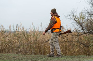 Elinde silah ve turuncu yelek olan bir adam bulutlu bir havada ormanlık alanda sülün avında. Avcı köpeklerle av peşinde.