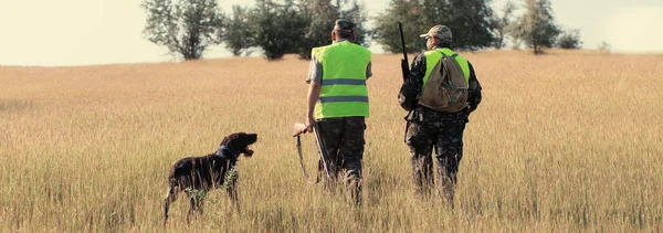 一个人手里拿着枪 穿着绿色背心 在多云的天气里在森林里猎杀野鸡 带着狗寻找猎物的猎人 — 图库照片